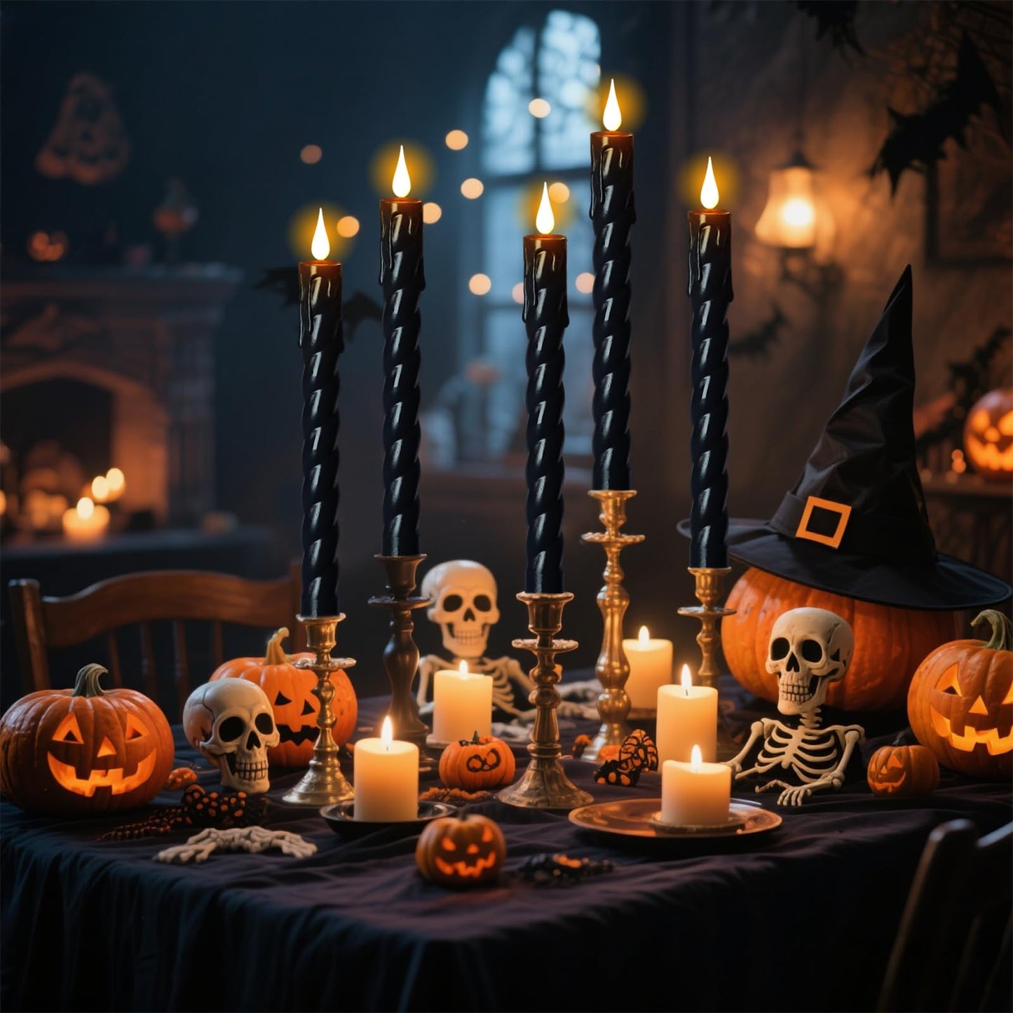 Eldnacele Plastic Flameless Taper Candles with Remote and Timer, Black Spiral Taper Candles Battery Operated Flickering Flame Lights Lifelike LED Candlesticks Set of 2 for Indoor Home Holiday Decor