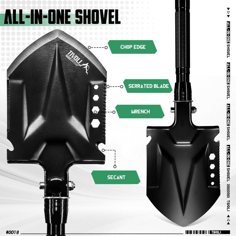 Tivoli Folding Camping Shovel Kit,Multifunctional Tactical Survival Shovel with Manganese Steel for Outdoor Off Road, Hiking, Bushcraft,Car Emergency,Entrenching Tool with Storage Case,Ideal Gift