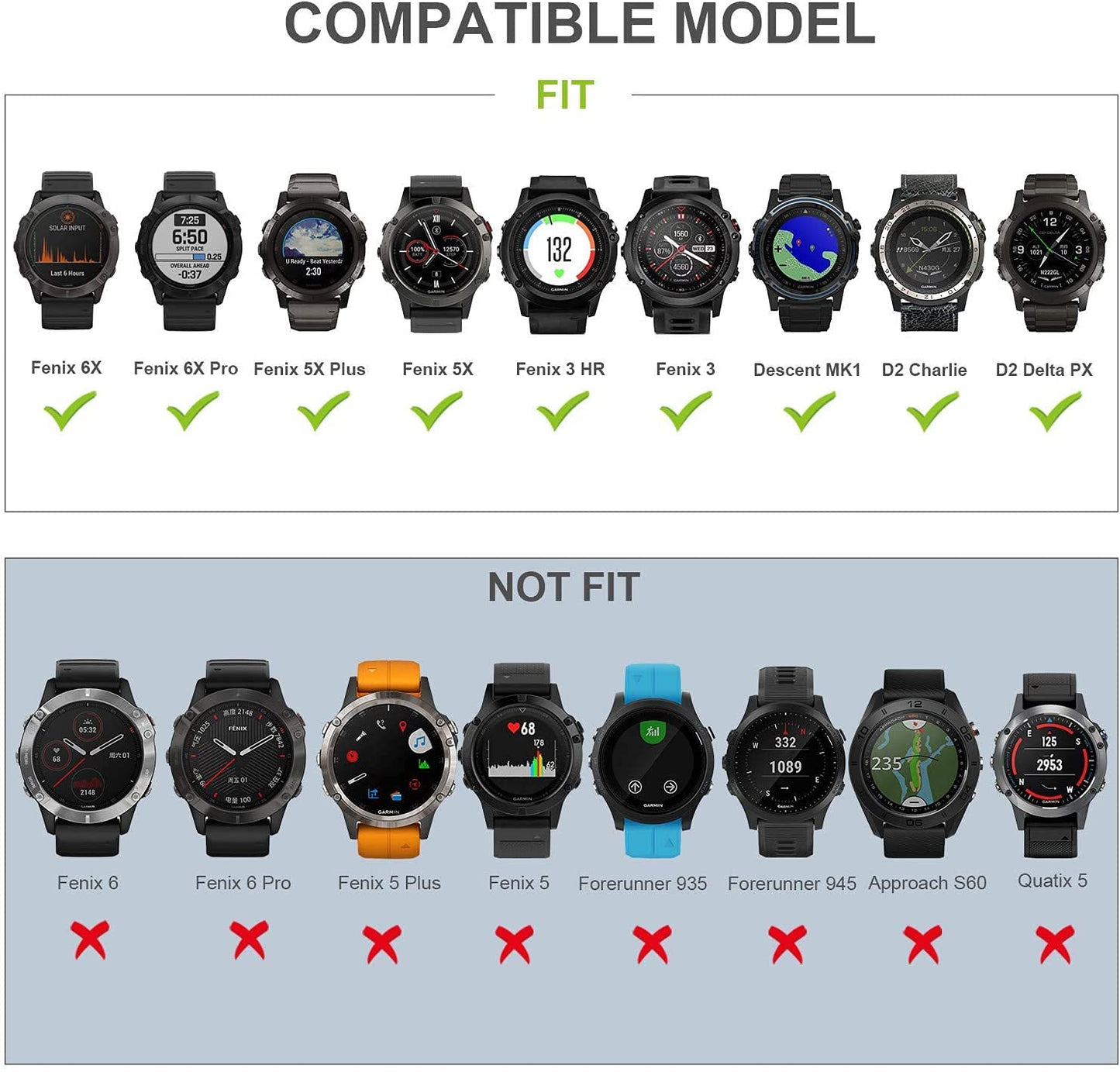 Compatible for Garmin Fenix 6X/6X Pro, 26mm Width Silicone Strap WatchBand Replacement for Garmin Fenix 6X/fenix 6X pro/Fenix 5X/Fenix 5X plus/Fenix 3 HR/D2 Charlie/D2 Delta PX/Descent MK1 (5 Colors)