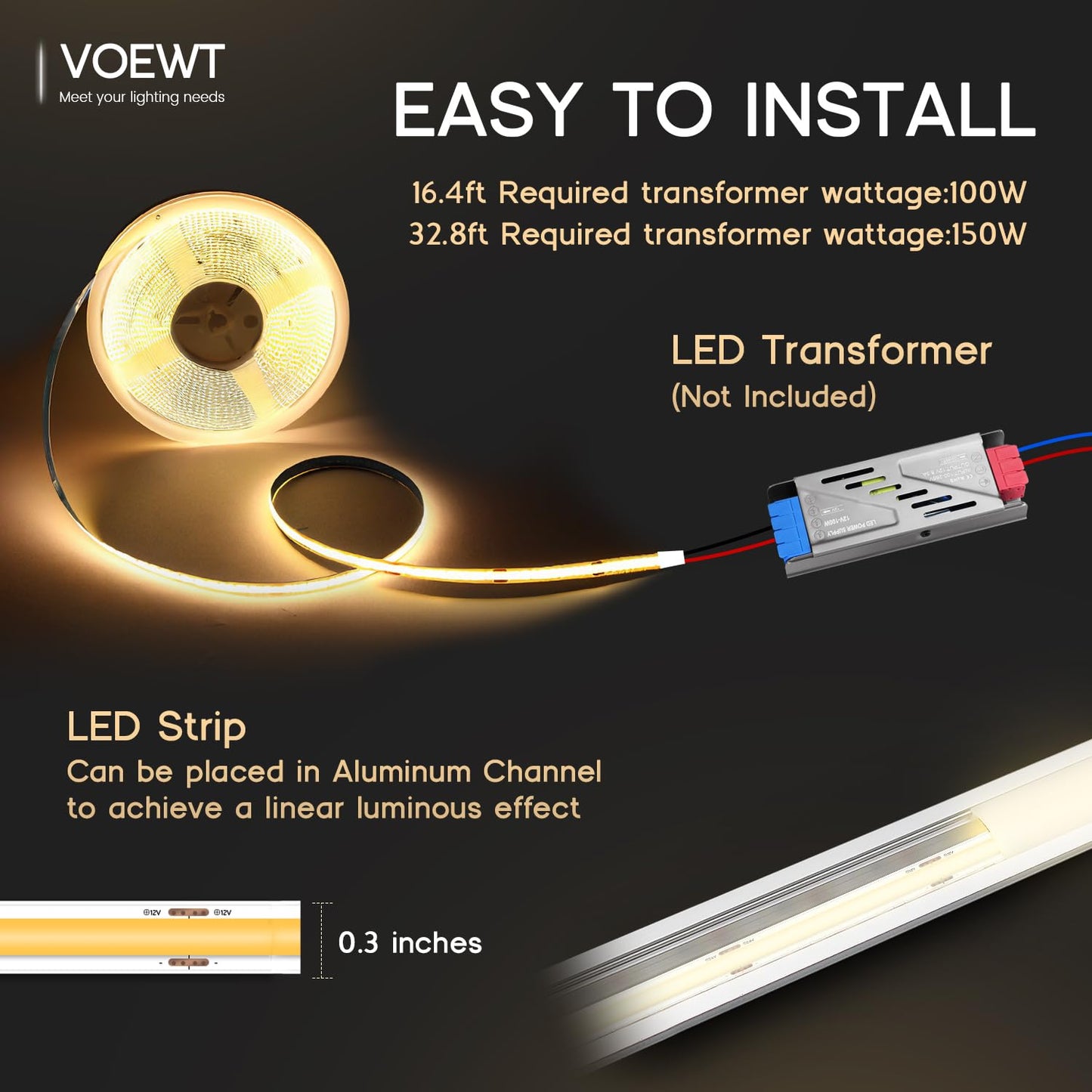 VOEWT COB LED Strip Lights Daylight White 6000K,16.4ft 12V High CRI 95Ra+ Super Bright,Flexible Tape Lights for Bedroom,Mirror,Kitchen Cabinet, Living Room(Power Supply Not Included)