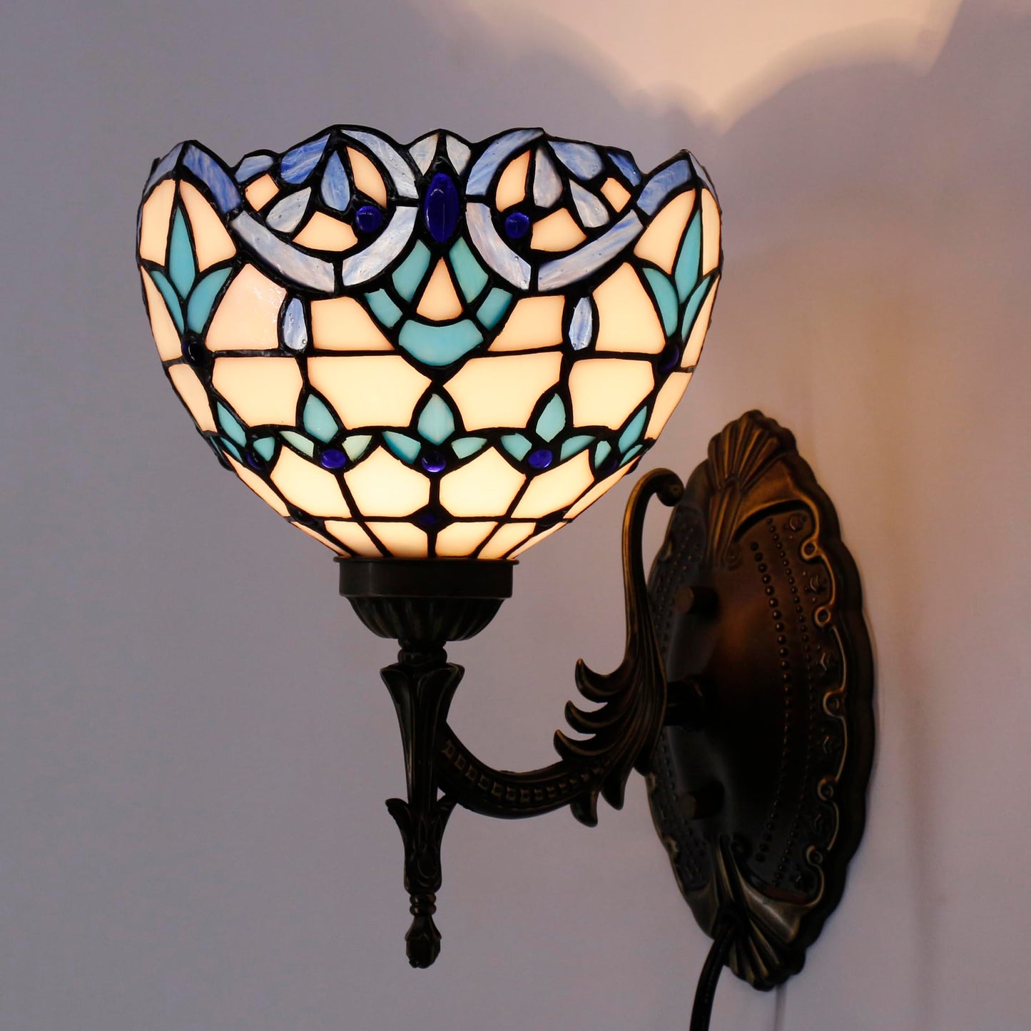 Tiffany Wall Sconce Lamp Stained Glass 8X10.5X11 Inch Plug in Wall Bedside Light for Hallway Bedroom (White Blue Baroque Style)