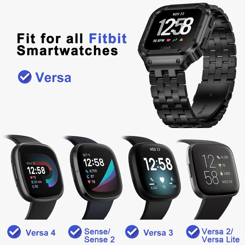 SUPLINK Stainless Steel Case & Band Compatible with Fitbit Versa 4/3/2 Bands, Protector Cover Strap for Fitbit Sense/Versa Lite Bands, Black