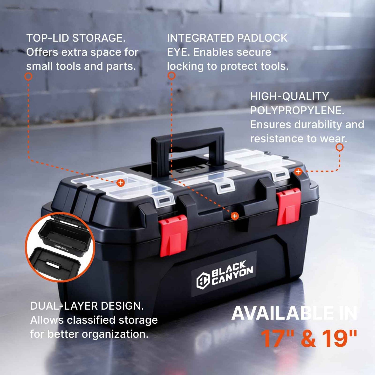 Black Canyon 17 Inch Plastic Tool Box, Support up to 44 lbs, w/Handle, Polypropylene, Dual-Layer Design, Flexible for Stacking, Top-Lid Storage, Ideal for DIY, Workshop, Job Site Organization