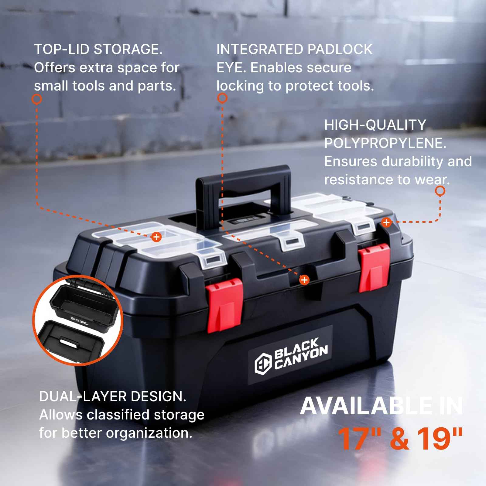 Black Canyon 17 Inch Plastic Tool Box, Support up to 44 lbs, w/Handle, Polypropylene, Dual-Layer Design, Flexible for Stacking, Top-Lid Storage, Ideal for DIY, Workshop, Job Site Organization