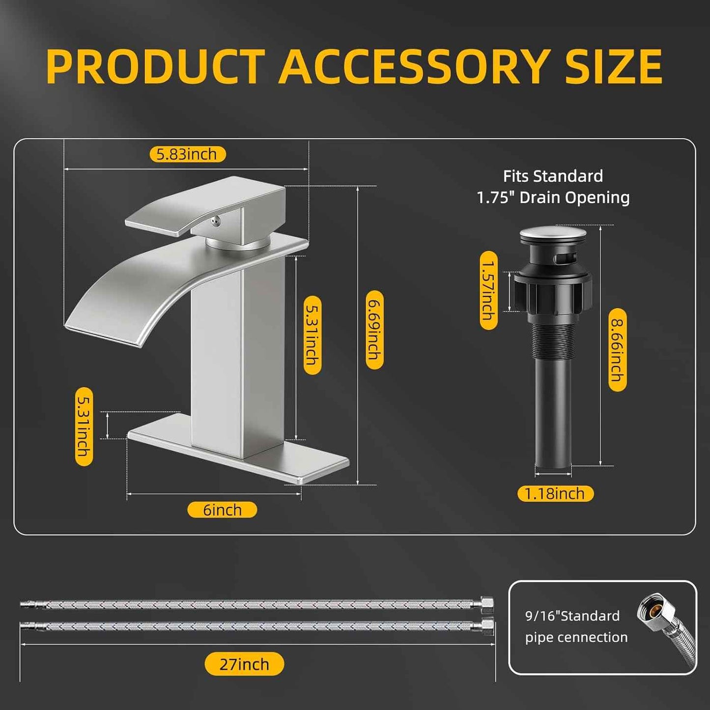 Modern Brushed Gold Bathroom Faucet with Waterfall Spout & Pop-Up Drain - Single Handle Vanity Sink Faucet