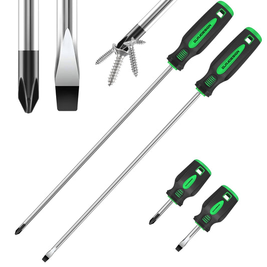 GURADESIGN 4-Piece 12" Long Screwdriver Set Slotted and Phillips, Long & Short Magnetic Screwdriver Set