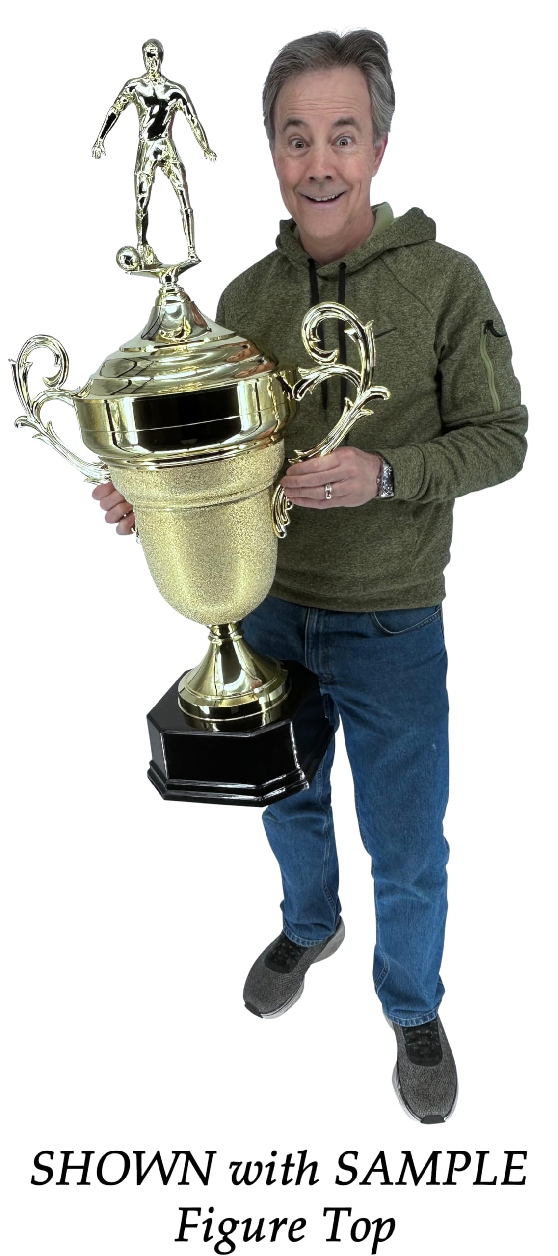 Express Medals Premium Giant 39 Inch Tall 22 Inch Wide Football Trophy with Figure, Gold Champion Cup with Handles, Black Base and Attached Plate with Your Custom Text. Trophy Weighs 8 Pounds.