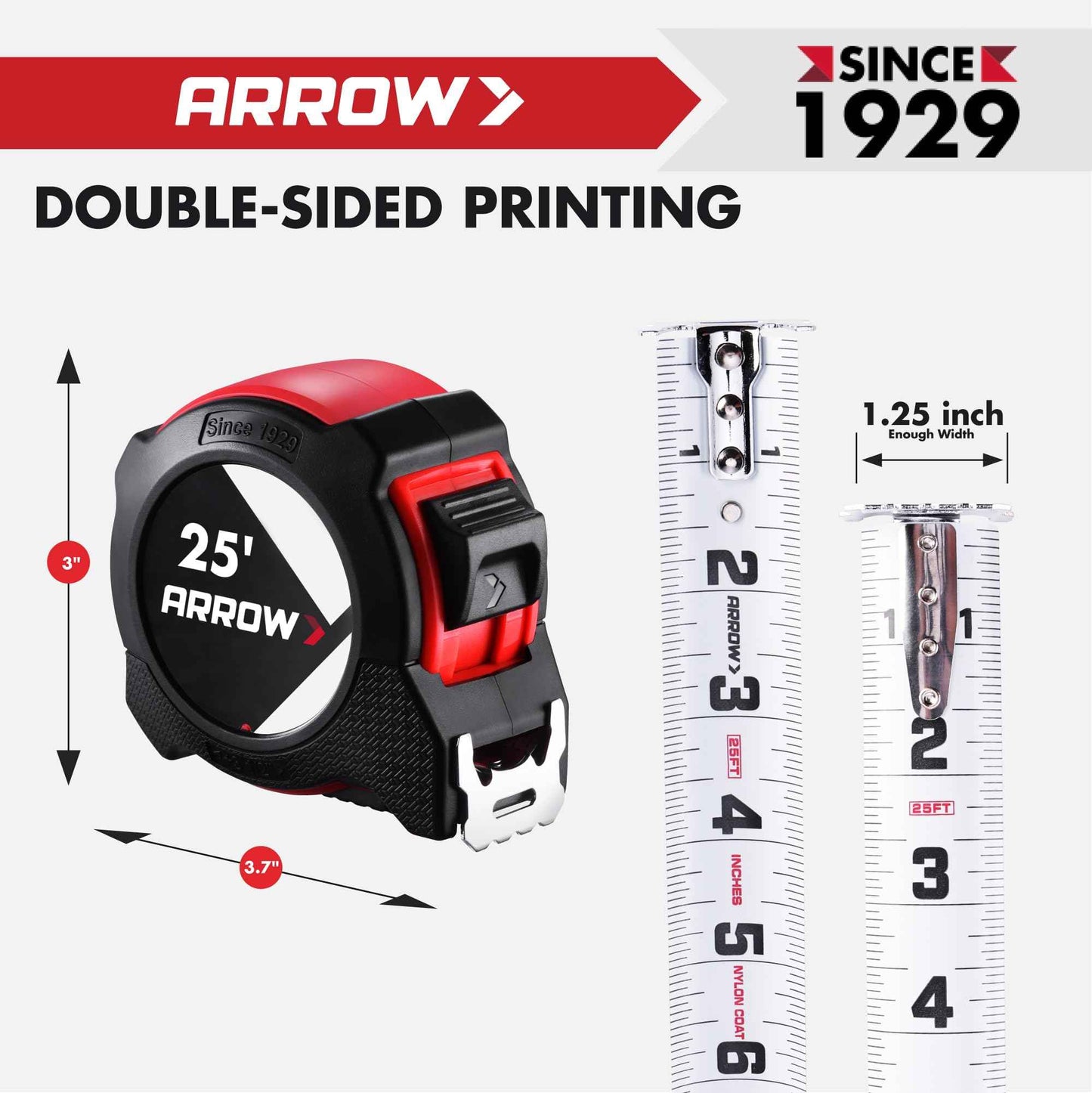 Arrow 25FT Tape Measure, Easy Read Measuring Tape with Dual Locking System, Double Sided Measurement Tape with 1.25″ Blade, Belt Clip, Dual-End Metal Hook, and Rubber Protective Casing