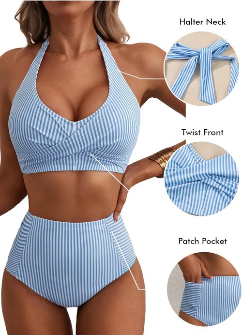 Herseas Women's High Waisted Bikini Set - Stylish Halter Design with Patch Pockets | Striped Swimwear 2026