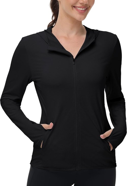 Isnowood Women's UPF 50+ Sun Protection Rash Guard - Lightweight Long Sleeve Zip Hoodie Jacket