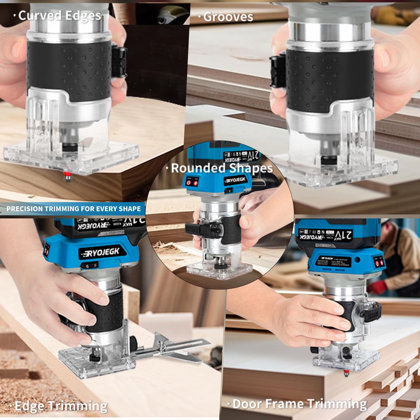 RYOJEGK Cordless Wood Router Tool,21V Brushless Palm Router with 2 x 4.0Ah Battery,Compact Trim Router 6-Speed with 20 PCS 1/4" Bits LED,Fresadora Para Madera for Woodworking Slotting & Edging