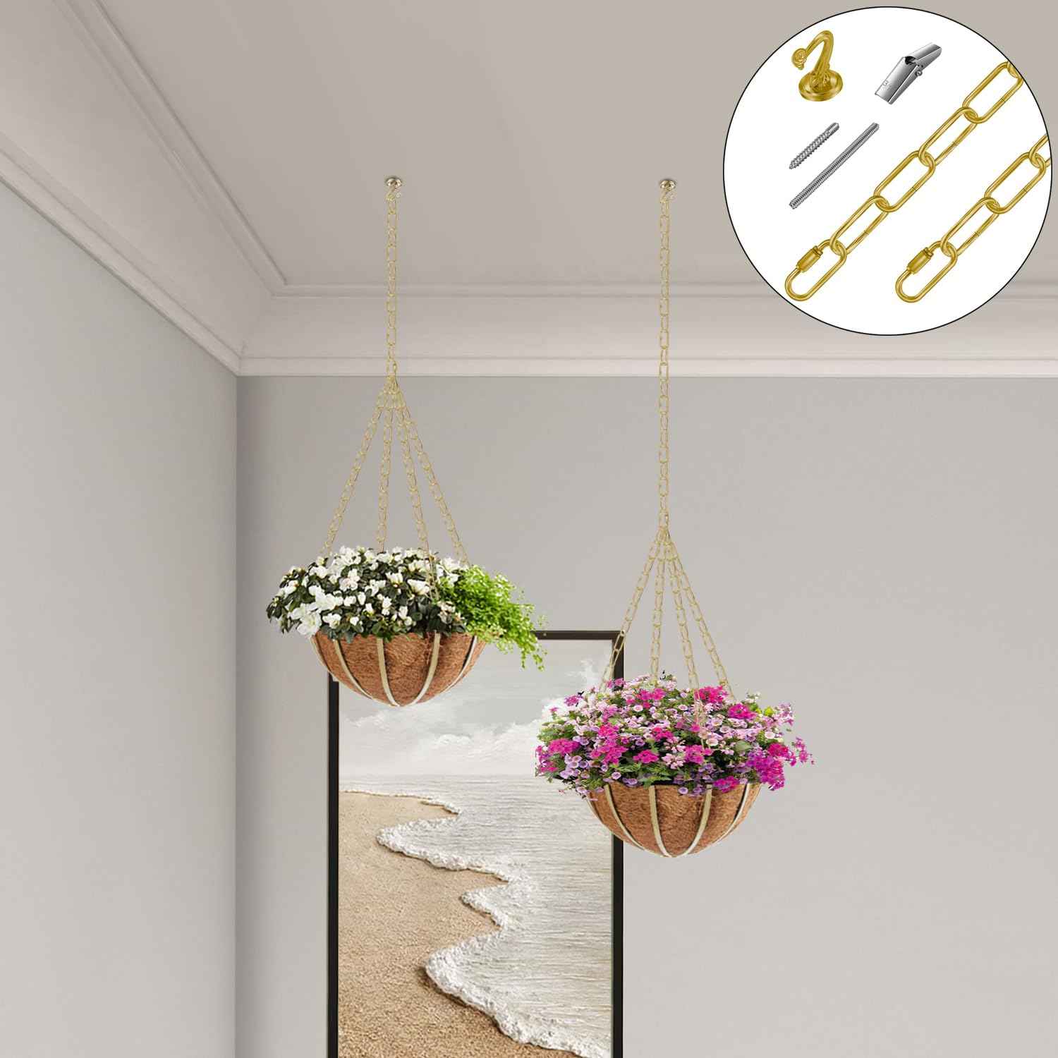 Omytie 15 Ft Heavy Duty Hanging Chain Kit with Connection Locks & Swag Ceiling Hooks for Lighting Fixture, Chandelier, Pendant, Lantern, Swag Lamp, Plant/Flower/Fruit Basket, Bird Feeder (Brass)