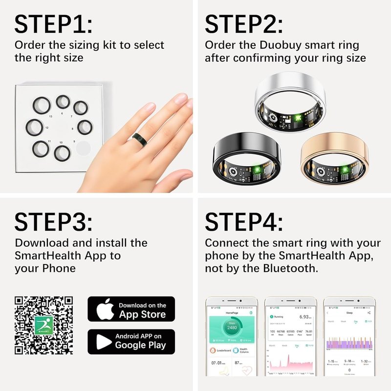 FKGZJF Smart Rings for Women Men, Fitness Ring with Heart Rate, Blood Oxygen, HRV, Stress, Sleep Tracker, Step Tracker, No Subscription Fee (Black, 12#)