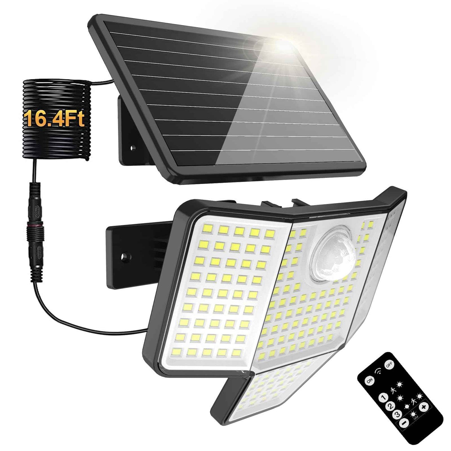 HAARAY Solar Motion Outdoor Light with 16.4ft Cable, 4-Sided Wide-Angle Illumination, 3-Stage Dimming, Remote Control, 3 Modes, Auto On/Off, IP65 Waterproof, Solar Powered Security Flood Light,1 Pack