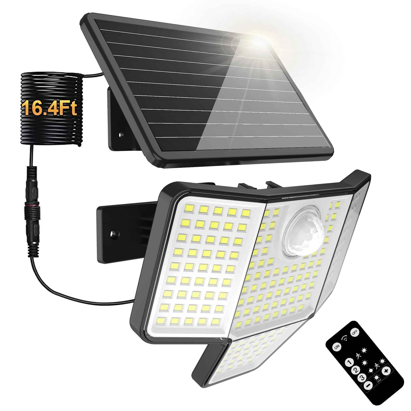 HAARAY Solar Motion Outdoor Light with 16.4ft Cable, 4-Sided Wide-Angle Illumination, 3-Stage Dimming, Remote Control, 3 Modes, Auto On/Off, IP65 Waterproof, Solar Powered Security Flood Light,1 Pack
