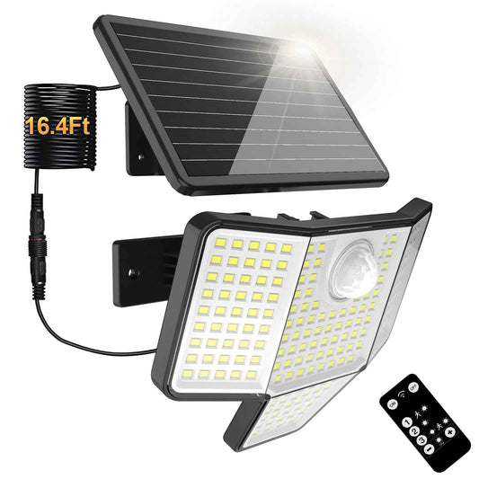 HAARAY Solar Motion Outdoor Light with 16.4ft Cable, 4-Sided Wide-Angle Illumination, 3-Stage Dimming, Remote Control, 3 Modes, Auto On/Off, IP65 Waterproof, Solar Powered Security Flood Light,1 Pack