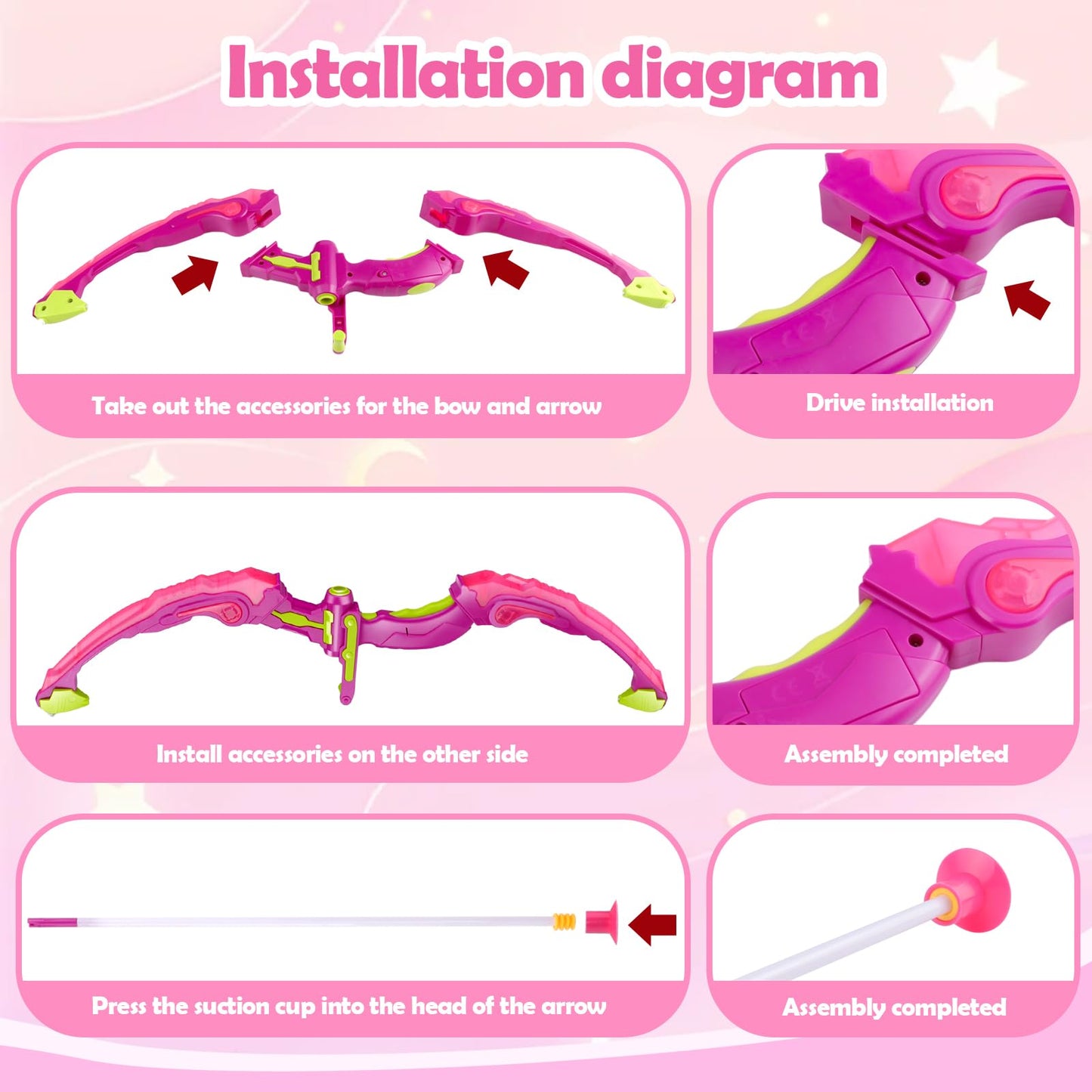 OWNONE 1 Pink Bow and Arrow Set for Girls, LED Light Up Archery Set with 10 Suction Cup Arrows, Target, Fairy Wings & Princess Crown, Birthday Gift Outdoor Toys for Kids Girls Ages 3-12