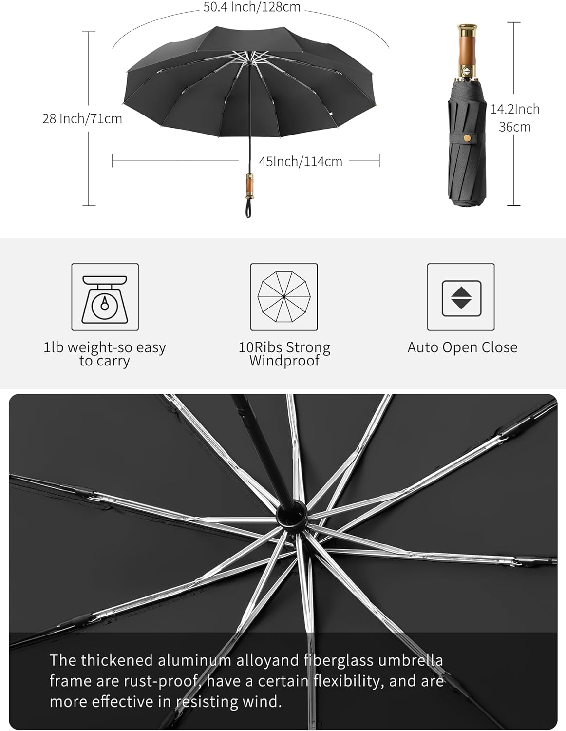 Rain Cats Large 45-Inch Windproof Umbrella - Compact, Automatic Folding Design with Strong Fiberglass Ribs