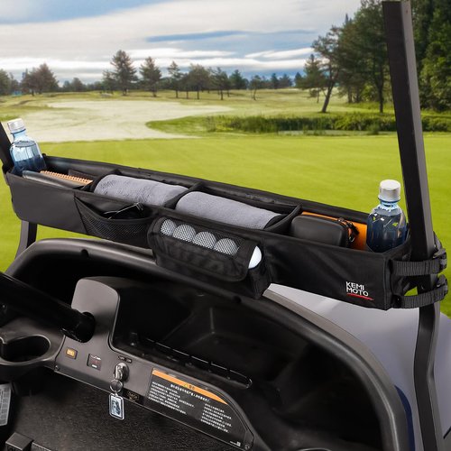 KEMIMOTO Upgraded Golf Cart Front Storage Basket No Drilling Golf Cart Storage Tray Compatible with EZGO Drive Club Car Kandi Electric Golf Carts, 1680D Golf Cart Caddy Organizer, Black