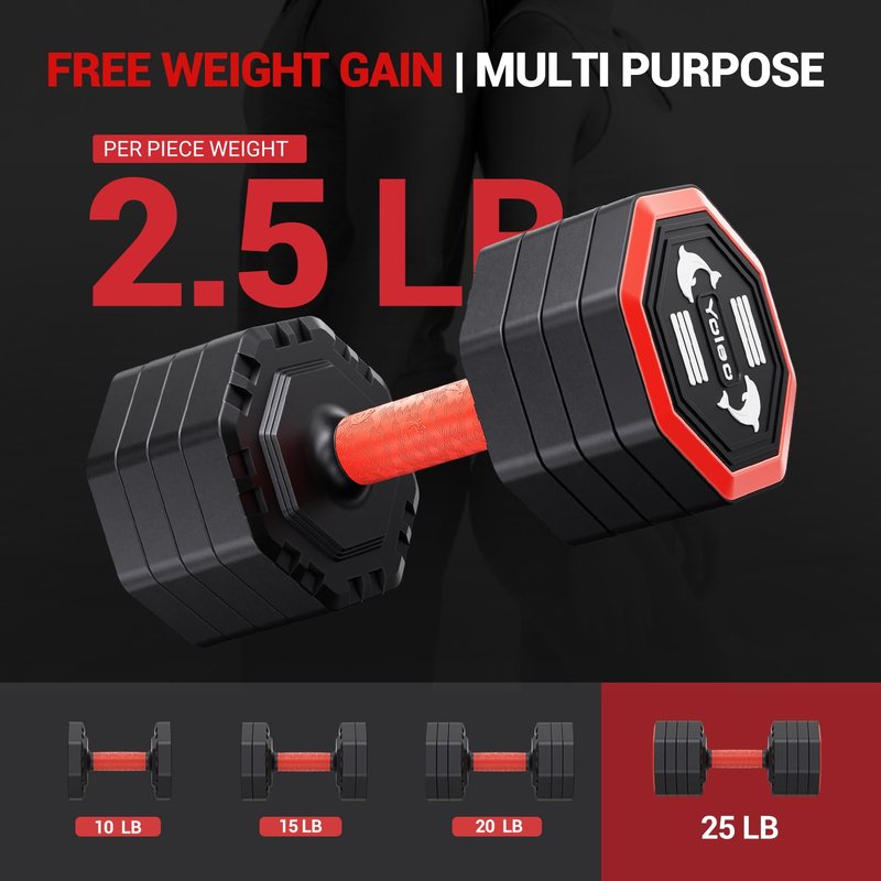 Yoleo Adjustable Dumbbell Set, Weights Dumbbells Set at Home Workout Equipment, 4 in 1 Each Premium Tai Chi-Style Rotary Mounting Adjustable 10/15/20/25 lb dumbbells, with TPU Soft Rubber Handle Suitable Men/Women Updated 2.0, 1 pcs
