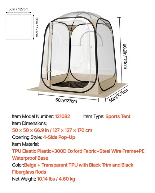 VEVOR Pop Up Sports Tent, 50x50x66.9 Instant Weather Proof Clear Tent for 2 Person, Portable Foldable Dome Shelter with Removable Floor Mat & Top Cover, for Watching Sports Events, Camping, Fishing