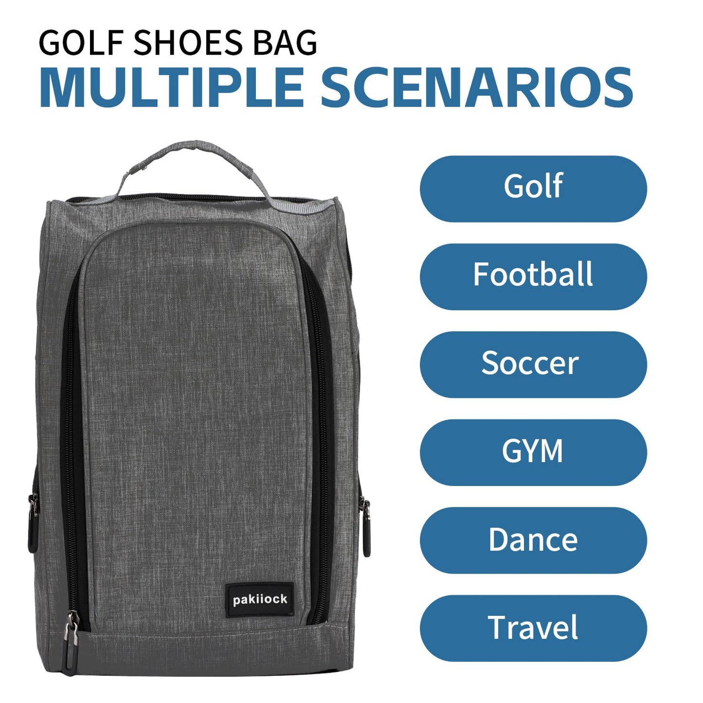 Pakiiock Golf Shoe Bag Zippered travel sport shoe bags With Mesh Ventilation, large back pocket and side pocket for men women black