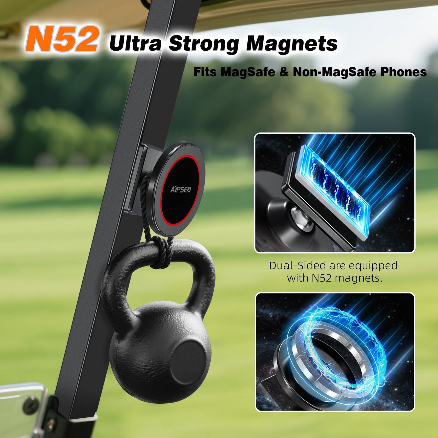 Roykaw Magnetic Phone Holder Compatible with 12-17 Magsafe Phone, Golf Cart Phone Holder, Gym Phone Mount, Ultra-strong Magnet for Anti Slip Anti Drop, Universal Compatible with EZGO Club Car Yamaha