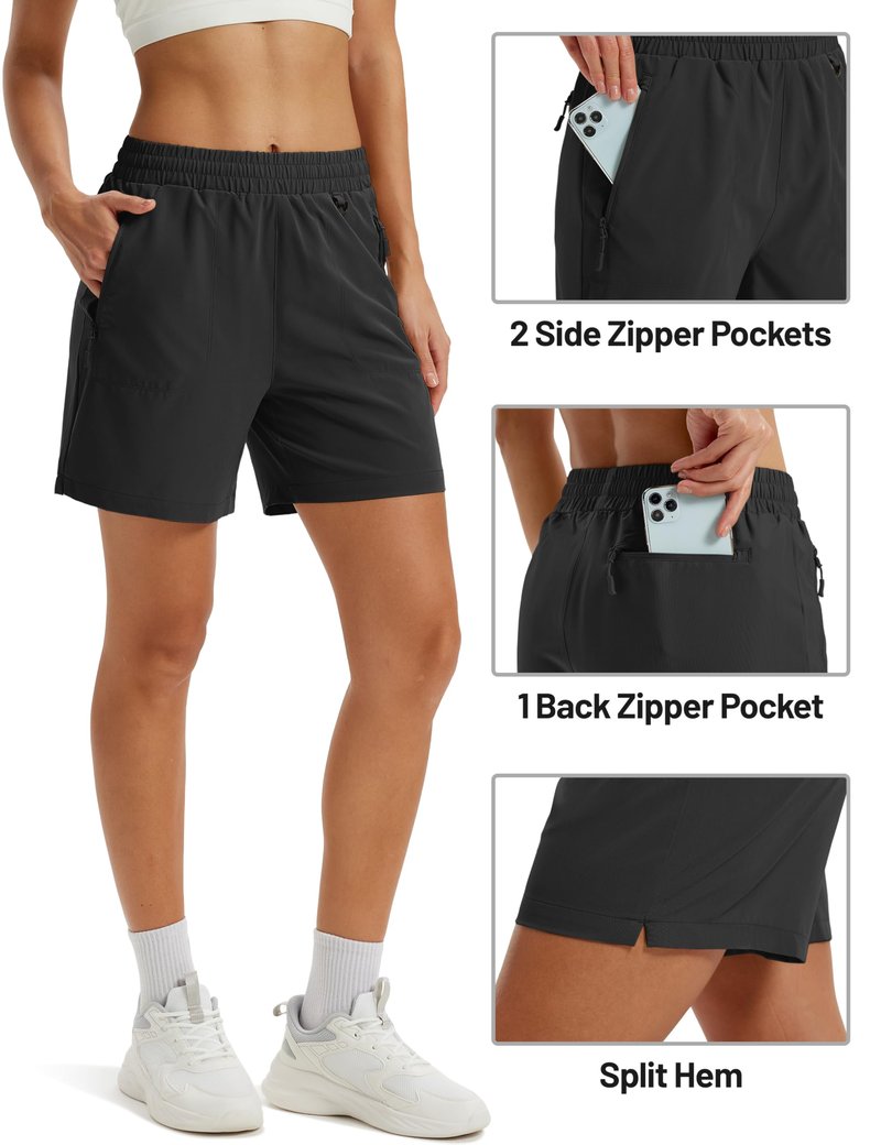 TACVASEN Athletic Shorts for Women Quick Dry Lightweight 5" Hiking Shorts with Pockets Golf Casual Workout UPF 50+ Water Resistant Summer Black M