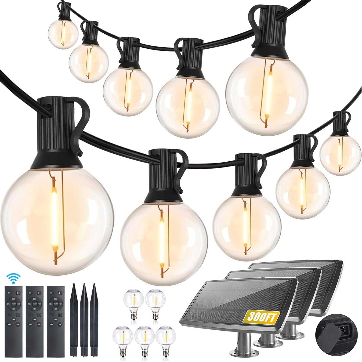 100FT Solar String Lights with Remote - Waterproof G40 LED Patio Lights for Outdoor Parties