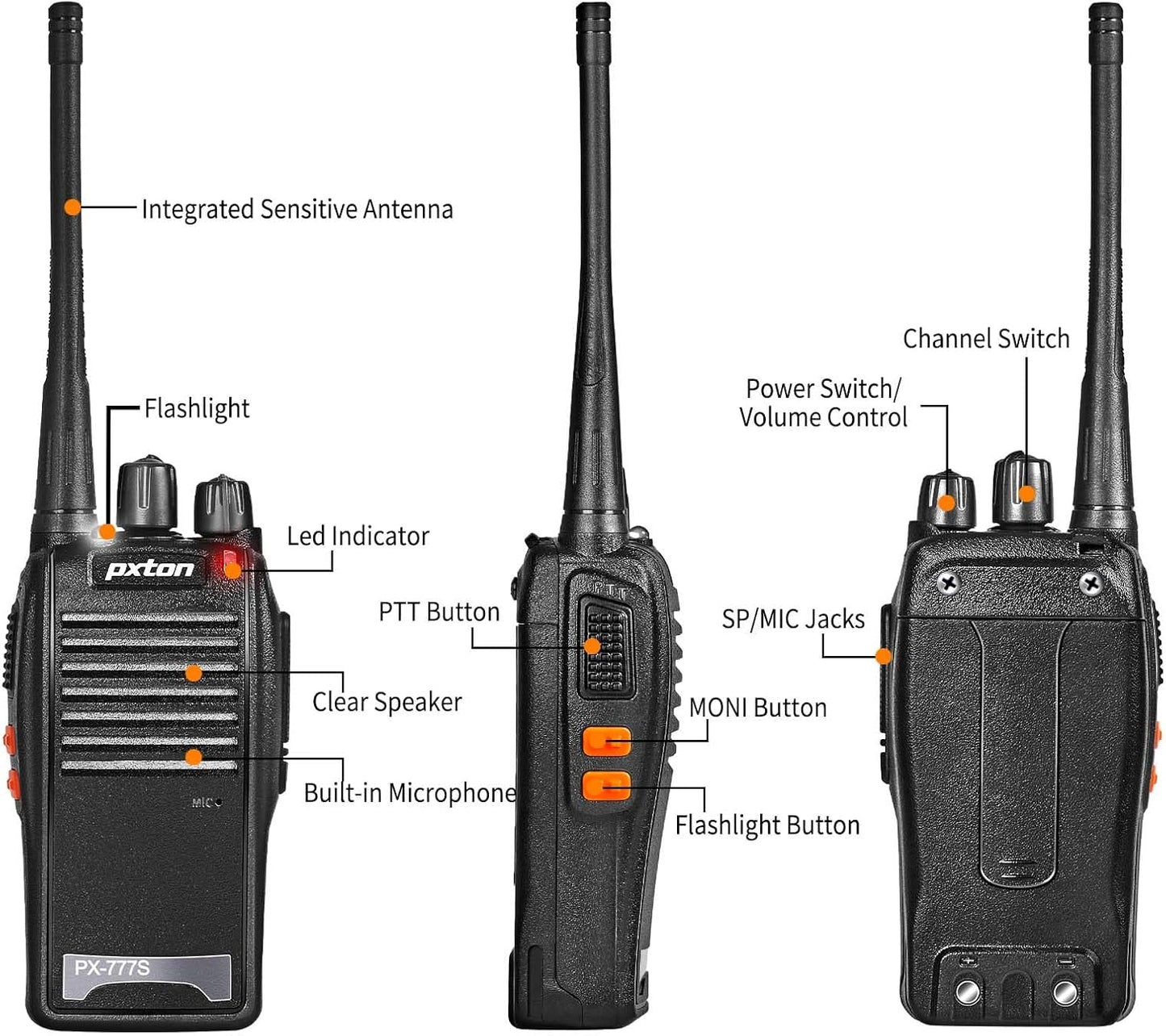 Pxton 777S Rechargeable Walkie Talkies - Long Range Two-Way Radios with Earpieces & Li-ion Battery | 2 Pack