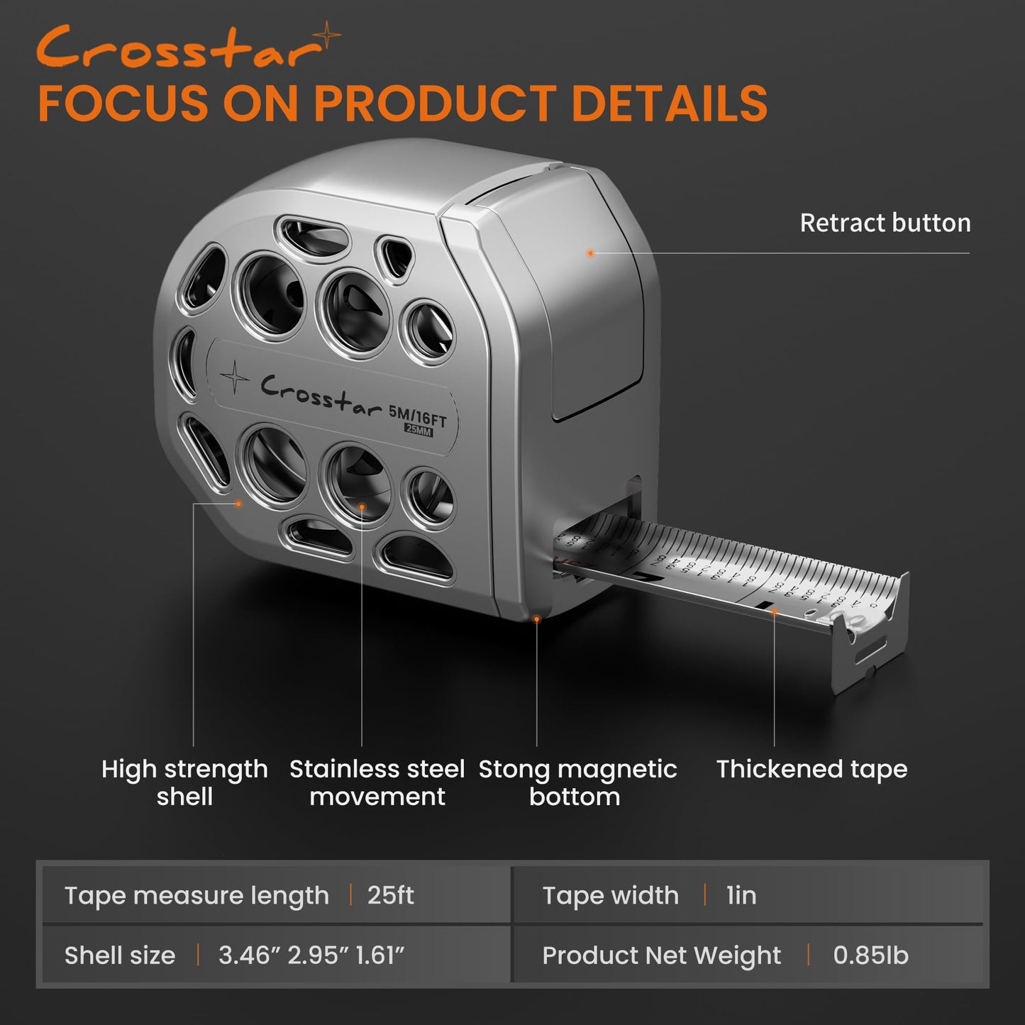 Crosstar 25FT Magnetic Self-Locking Stainless Steel Tape Measure, Double-Sided Scale, Waterproof & Rustproof Retractable Measuring Tape with Hollow Design for Home, Industrial, Woodworking