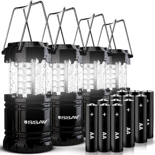 LED Camping Lantern - Portable Emergency Light for Hurricane Survival Kits | 4 Pack Black with Batteries Included