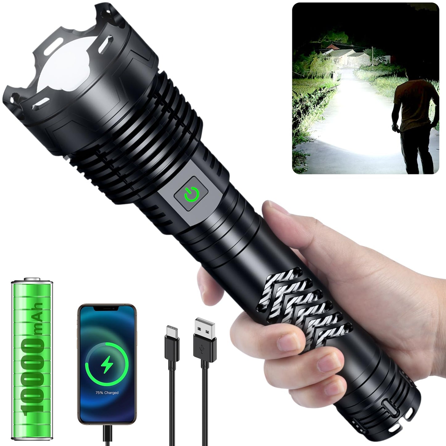 Grentay Rechargeable LED Flashlights 3600,000 High Lumens, Super Bright Flashlight with Input and Output Functions, Tactical Flashlight for Camping Home Emergencies (Large, Piece, 1)