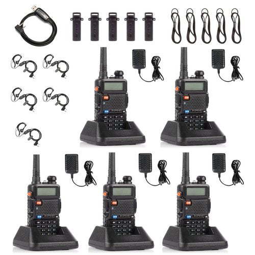 [5 Packs] Baofeng UV-5R Two Way Radio Dual Band 144-148/420-450Mhz Walkie Talkie with 1800mAh Li-ion Battery, Programming Cable, Headset, Belt Clip, Hand Strap, Desktop Charger (Black)