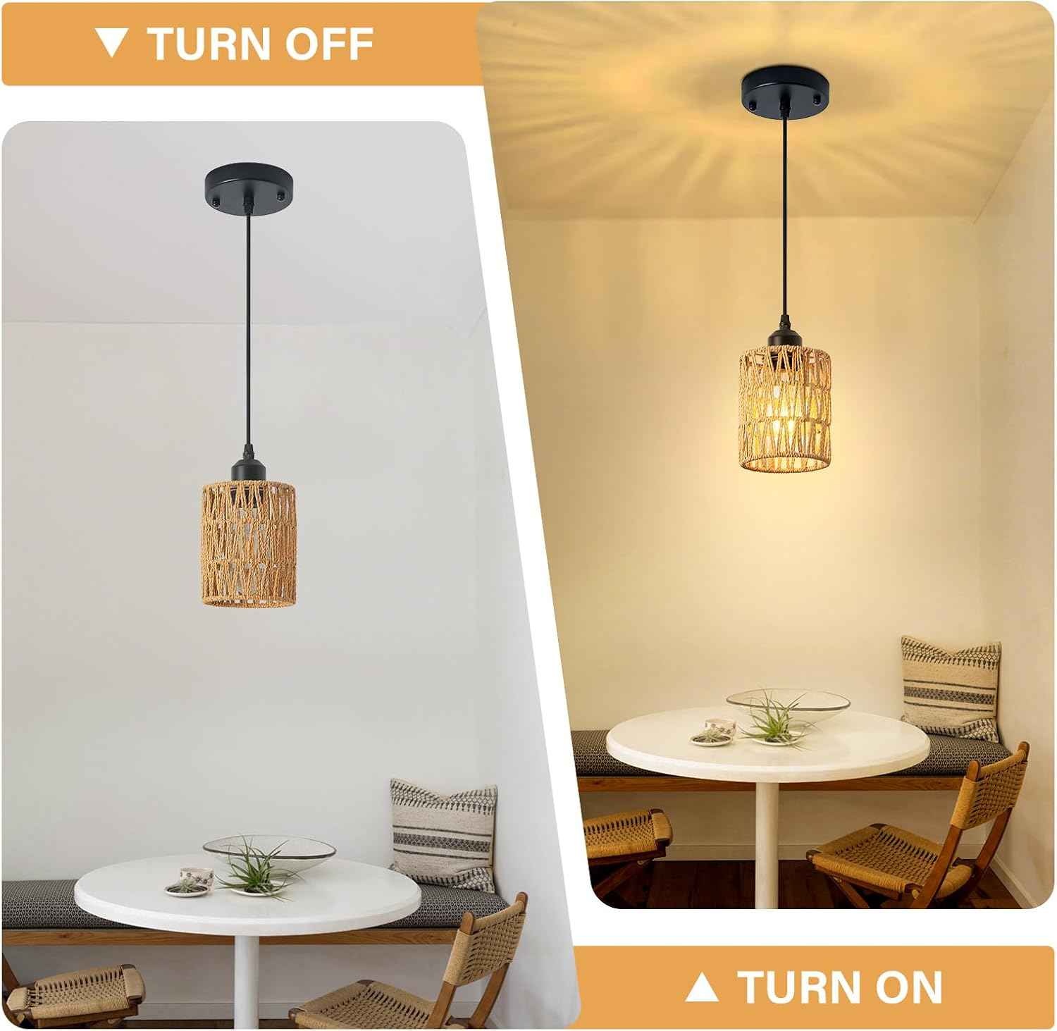 Rattan Chandelier Pendant Lights - 3 Pack Adjustable Height Boho Farmhouse Ceiling Fixtures for Kitchen & Dining Room