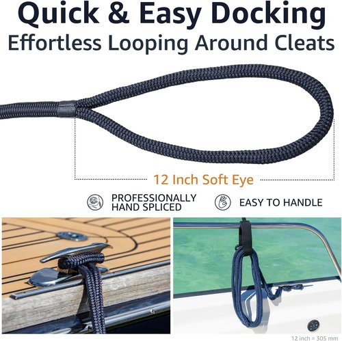 Double Braid Boat Dock Lines by [Brand Name] - Heavy Duty Nylon Ropes with 12" Spliced Eye | 1/2" x 30' - Soft & Durable for Pontoon and Light Boats (Navy Blue)