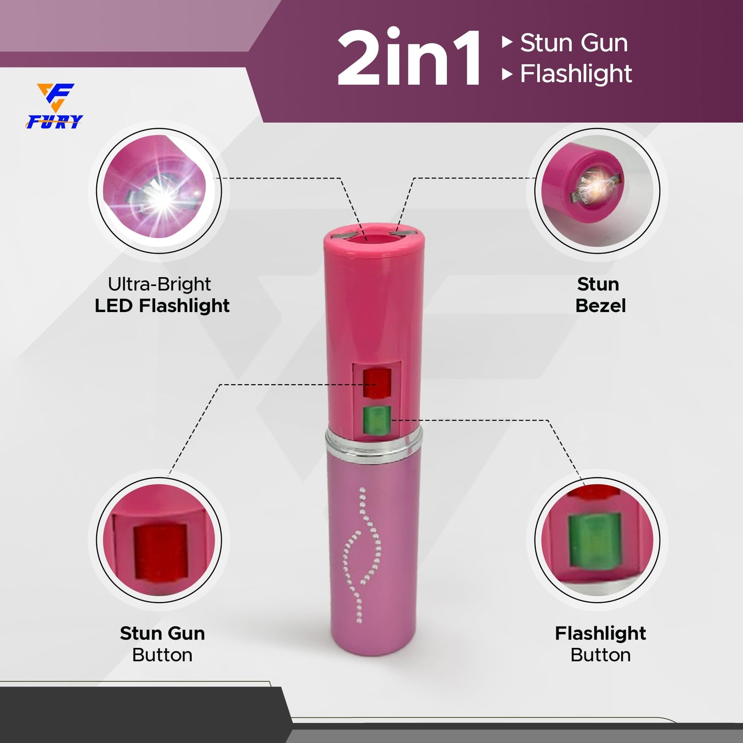 FuryUSA Lipstick Stun Gun - Womens Lipstick Stun Gun, Metal Casing Self-Defense, Rechargeable Battery, Max Strength, 120 lumens, Built-in Flashlight, Stylish, Expert-Trusted (Pink)