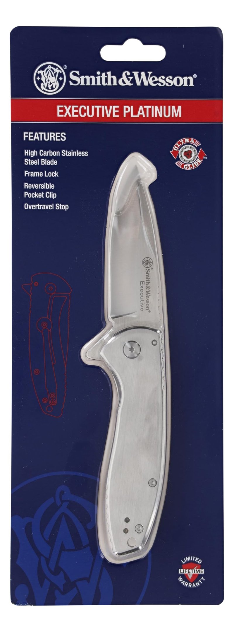 Smith & Wesson Executive Platinum Stainless Steel Knife with 3" Blade Length for Outdoor, Tactical, Survival and EDC