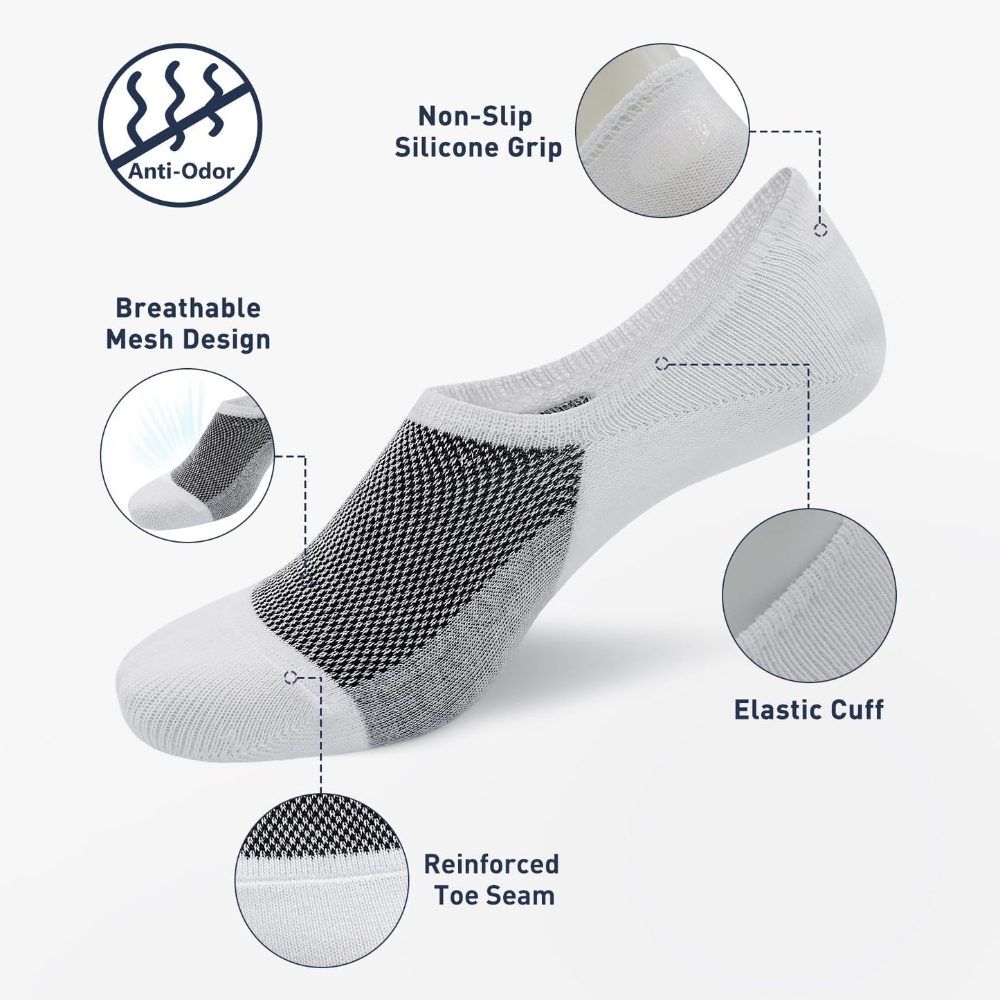 SIXDAYSOX White No Show Socks Men 6 Pairs Low Cut Invisible Cotton Socks Non Slip Liner Socks for Loafer Sneakers Casual Shoe Size 10-13