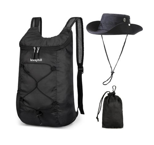 levayhill 16L Foldable Backpack & Bucket Hat 2 In 1 Combo, Lightweight packable Travel Set, Compact Daypack with Sun Hat (Black)