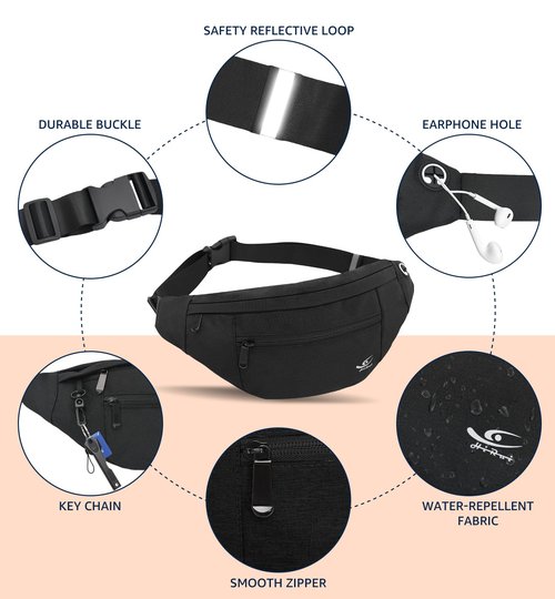 HiRui Large Crossbody Fanny Pack for Men Women Waist Bag Pack with 4-Zipper Pockets Phone Bag Fits All Phones Wallet Keys, Casual Hands-Free Waist Pack for Travel Workout Running (Black)