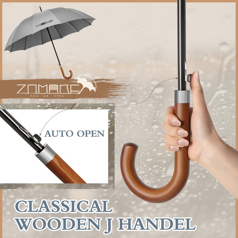 ZOMAKE Stick Umbrella Wood Handle,Cane Walking Classic Umbrellas for Men Women,12 Ribs Stick,55 Inch(Light Grey)