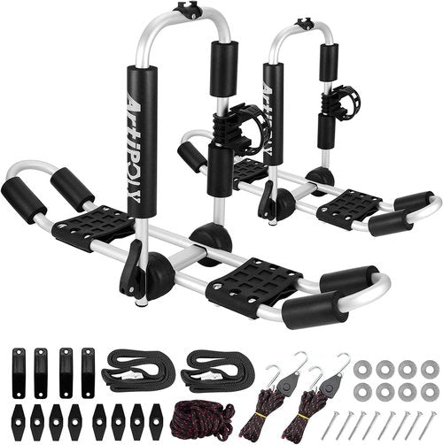 ARTIPOLY Kayak Roof Rack - 4-in-1 J-Bar for 2 Kayaks with Paddle Holder | Easy Mount for SUVs & Trucks