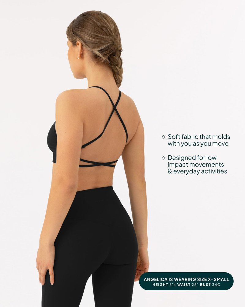 PAVOI ACTIVE Open Back Strappy Yoga Workout Bras for Women - Low Support Criss-Cross Sports Gym Bra Removable Pads - FlexFlow, Medium, Black