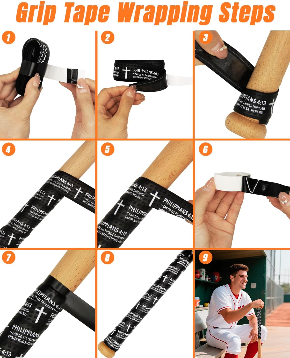 Piemow Baseball Bat Grip Tape - Faith Cross Design | 1.5mm Precut, Non-Slip Adhesive for Sports