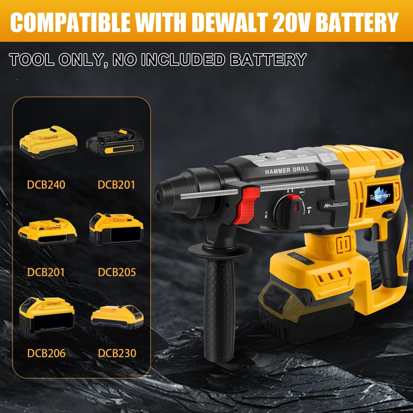 Gpaentsn Cordless Rotary Hammer Drill (Tool Only) Compatible with DEWALT 20V Max | 2.6J Impact | SDS-Plus Chuck | 4-Mode | Brushless Motor (Battery not Included)