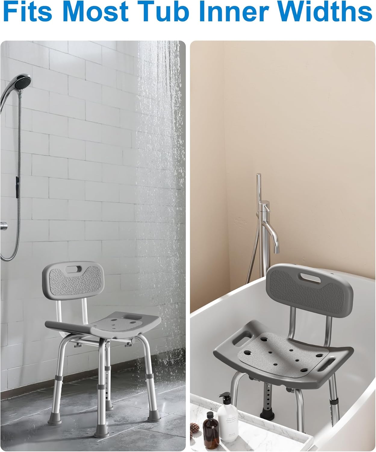 Heavy Duty Shower Chair for Seniors - 400 lbs Capacity, Removable Back, Safe Bath Seat for Bathtub - Gray