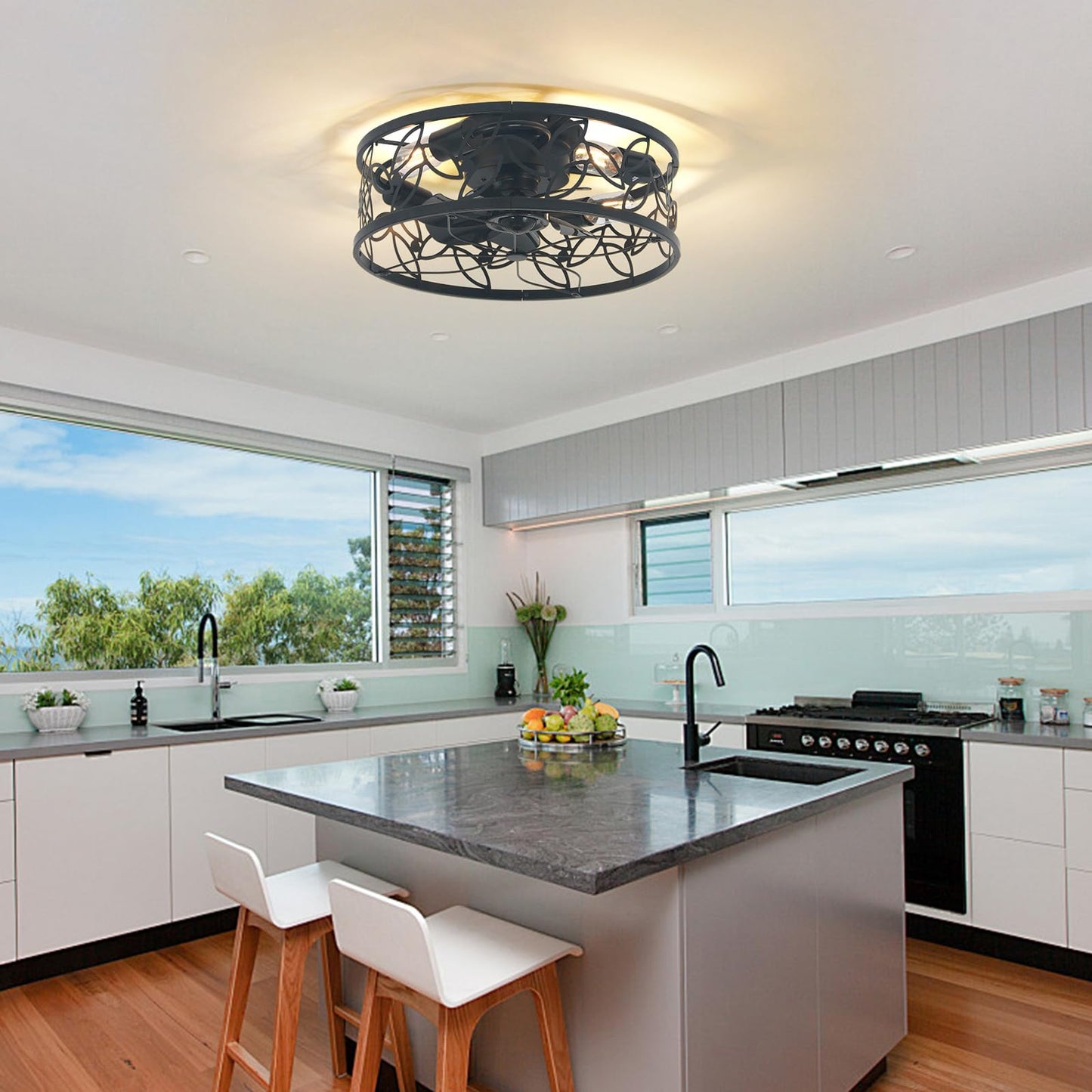 Garwarm 18in Caged Ceiling Fan with Light,Rustic Farmhouse Ceiling Fans with Lights and Remote,Bladeless Black Fandelier Ceiling Fan,Small Flush Mount Ceiling Fan for Kitchen, Bedroom（6 Speed, Timing）