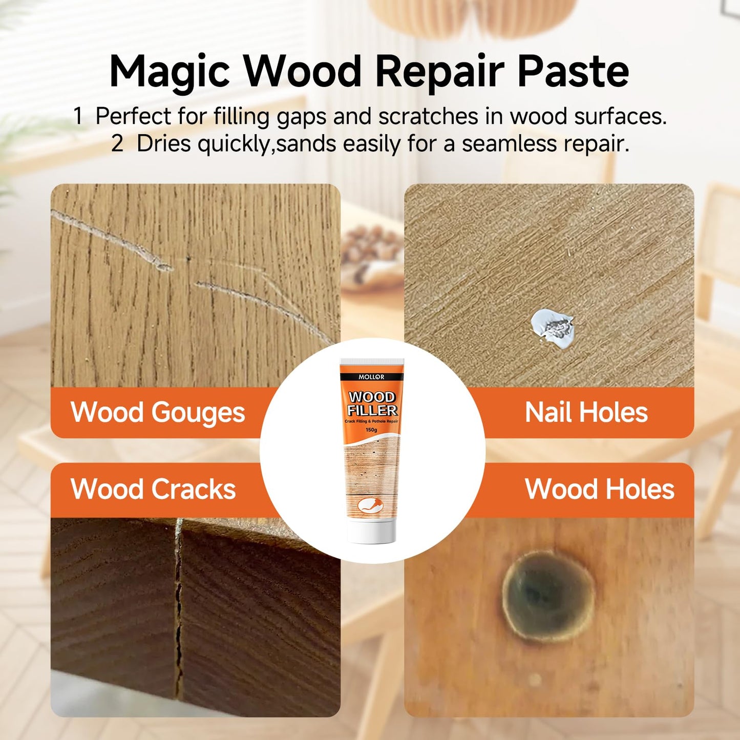 Mollor All Purpose Wood Filler, White Wood Putty Repair for Holes, Quickly Restore Any Broken and Defective Wooden Furniture, Door Frame Repair Kit Stainable (5.29oz/150g)