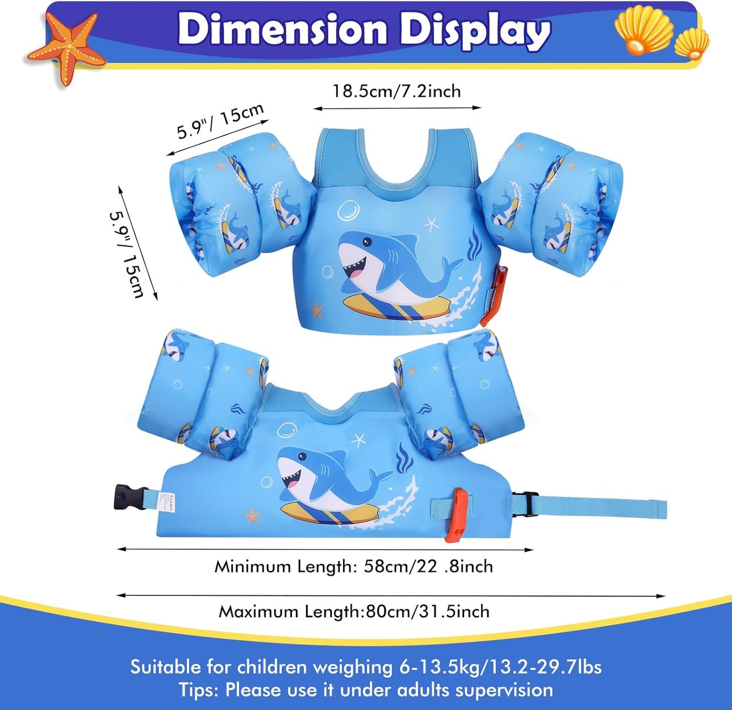 MoKo Toddler Swim Vest - Cartoon Swim Floaties with Shoulder Straps | Fits 13-30 lbs, 20-50 lbs, 22-66 lbs